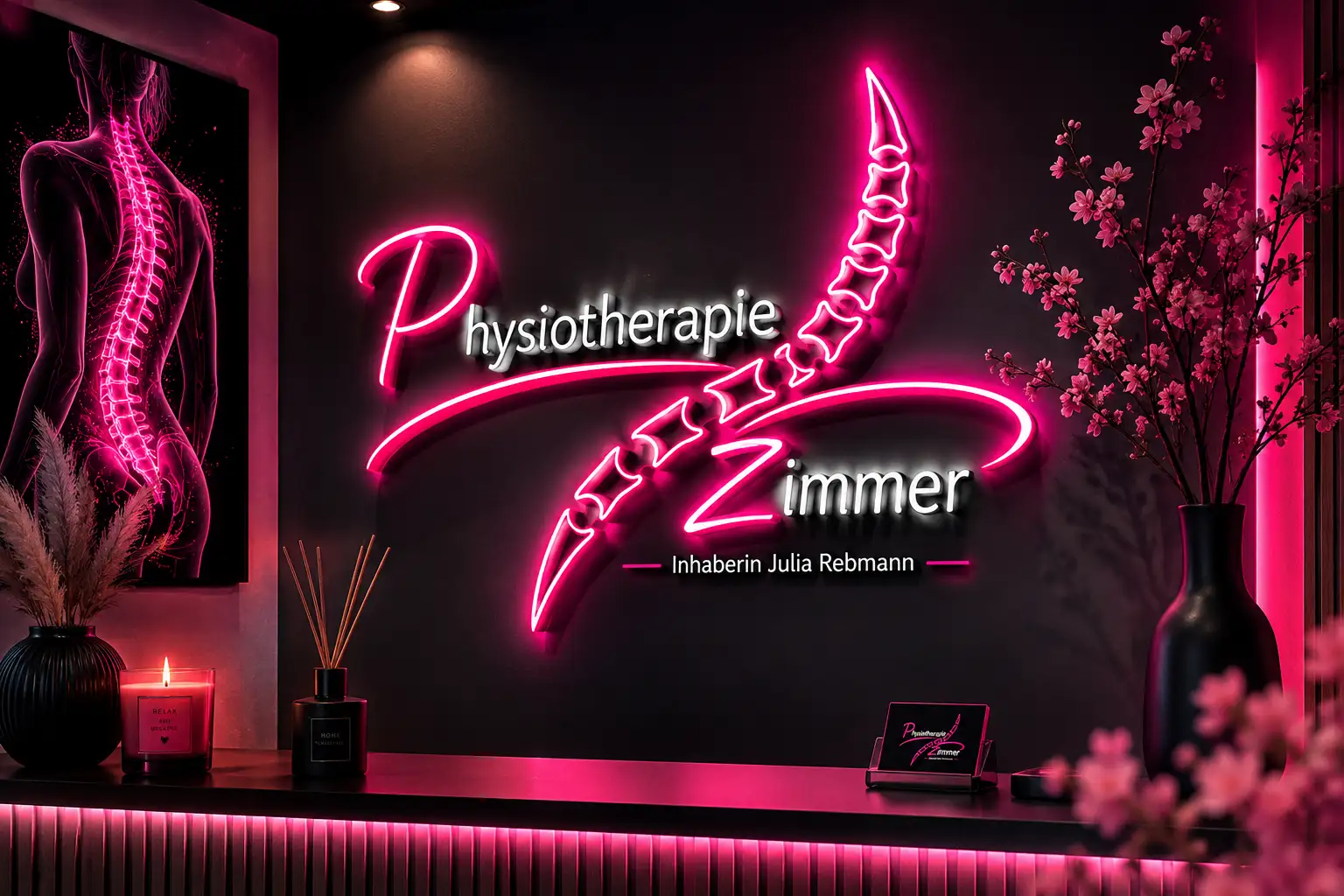 Beleuchtetes Praxislogo an der Wand hinter der Empfangstheke. Alles in pink und schwarz gehalten.